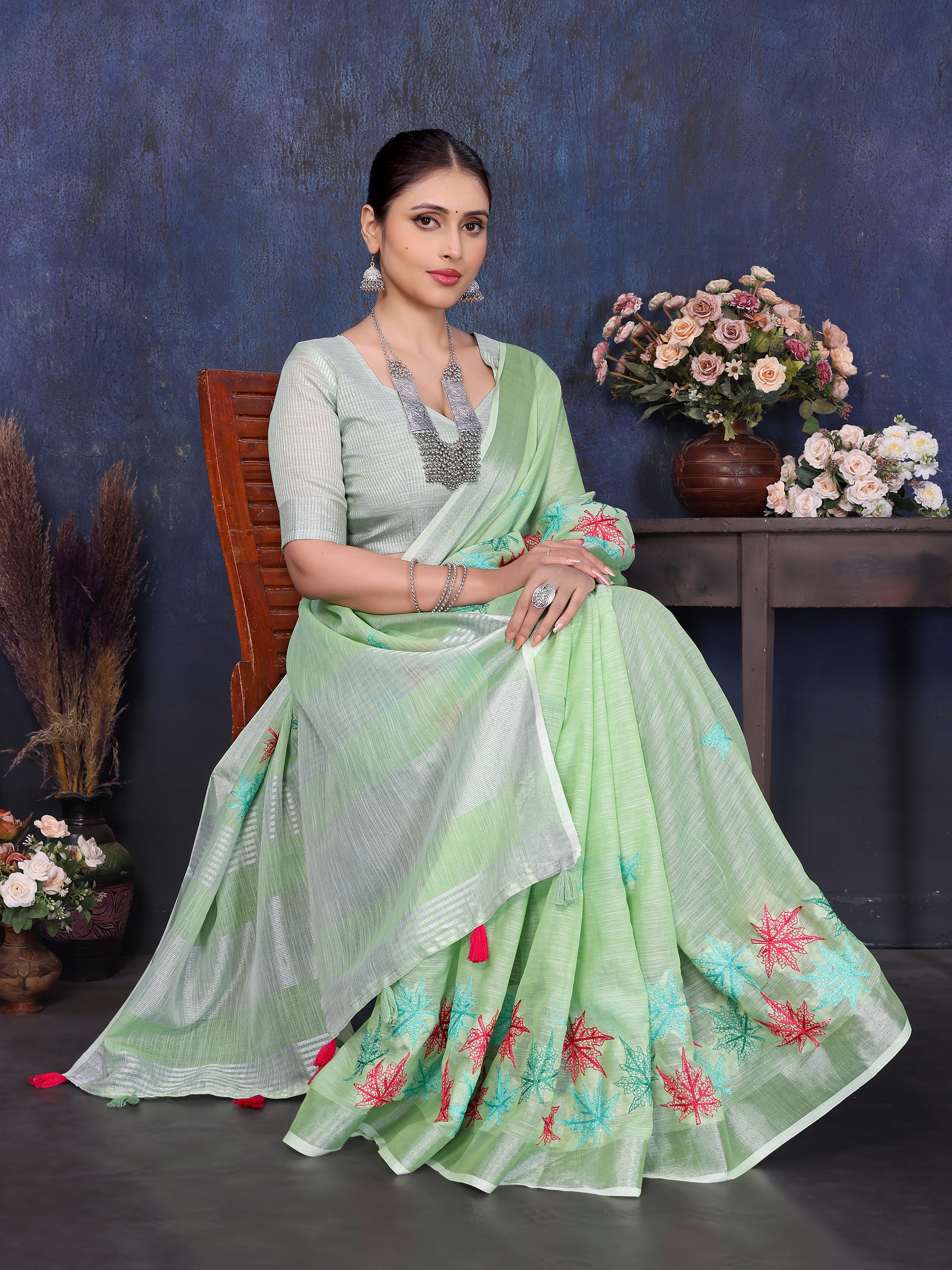 Latest Green Linen Embroidery Work Saree