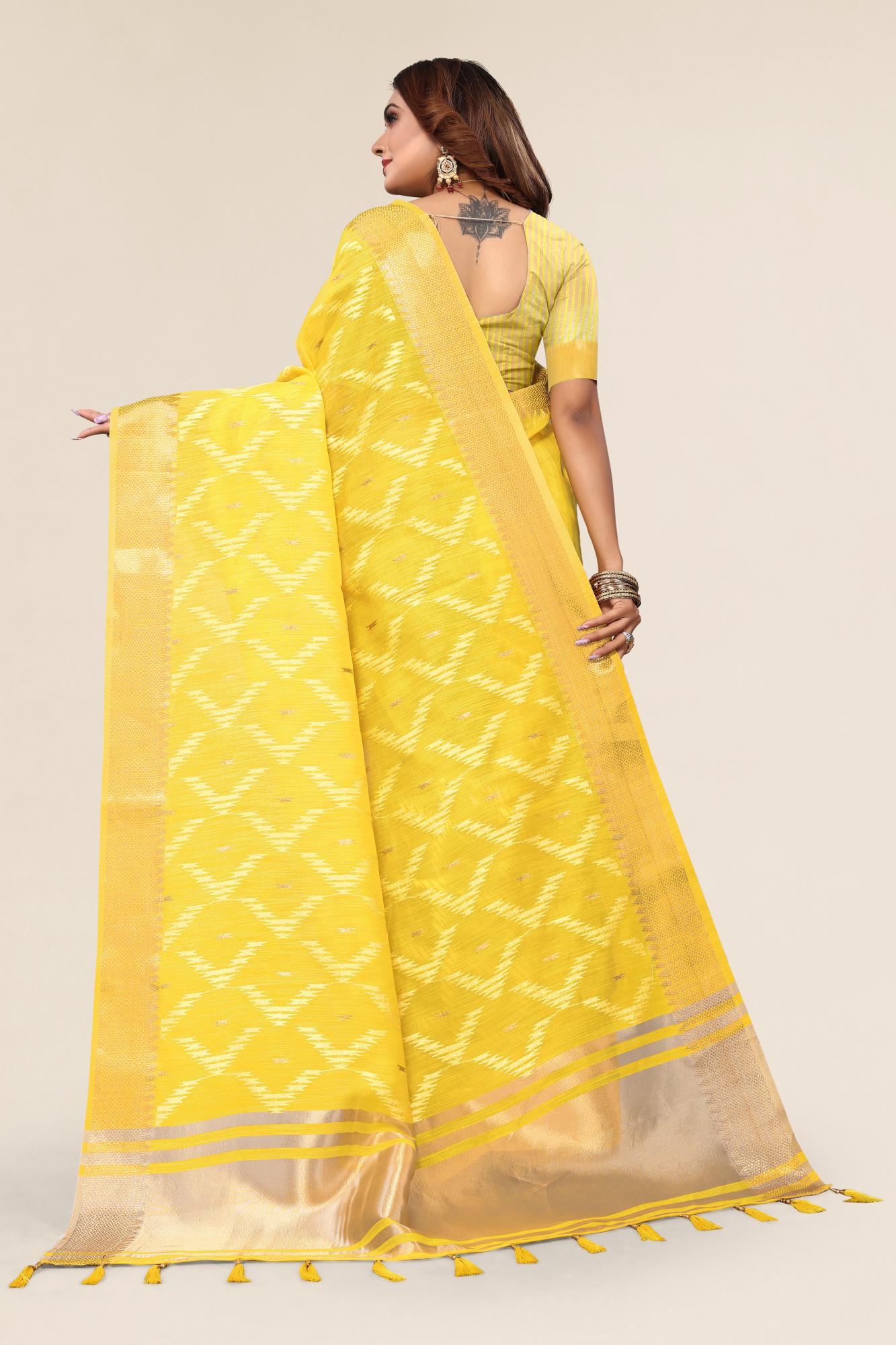 Latest Yellow Linen Cotton Wedding Saree