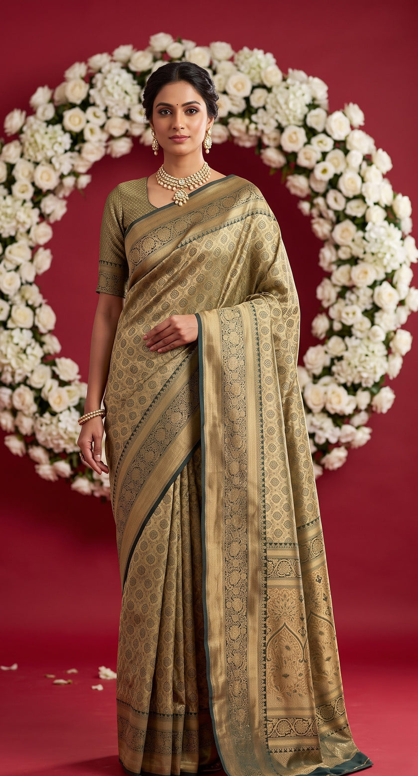 Mehndi Green Soft Banarasi Silk Saree