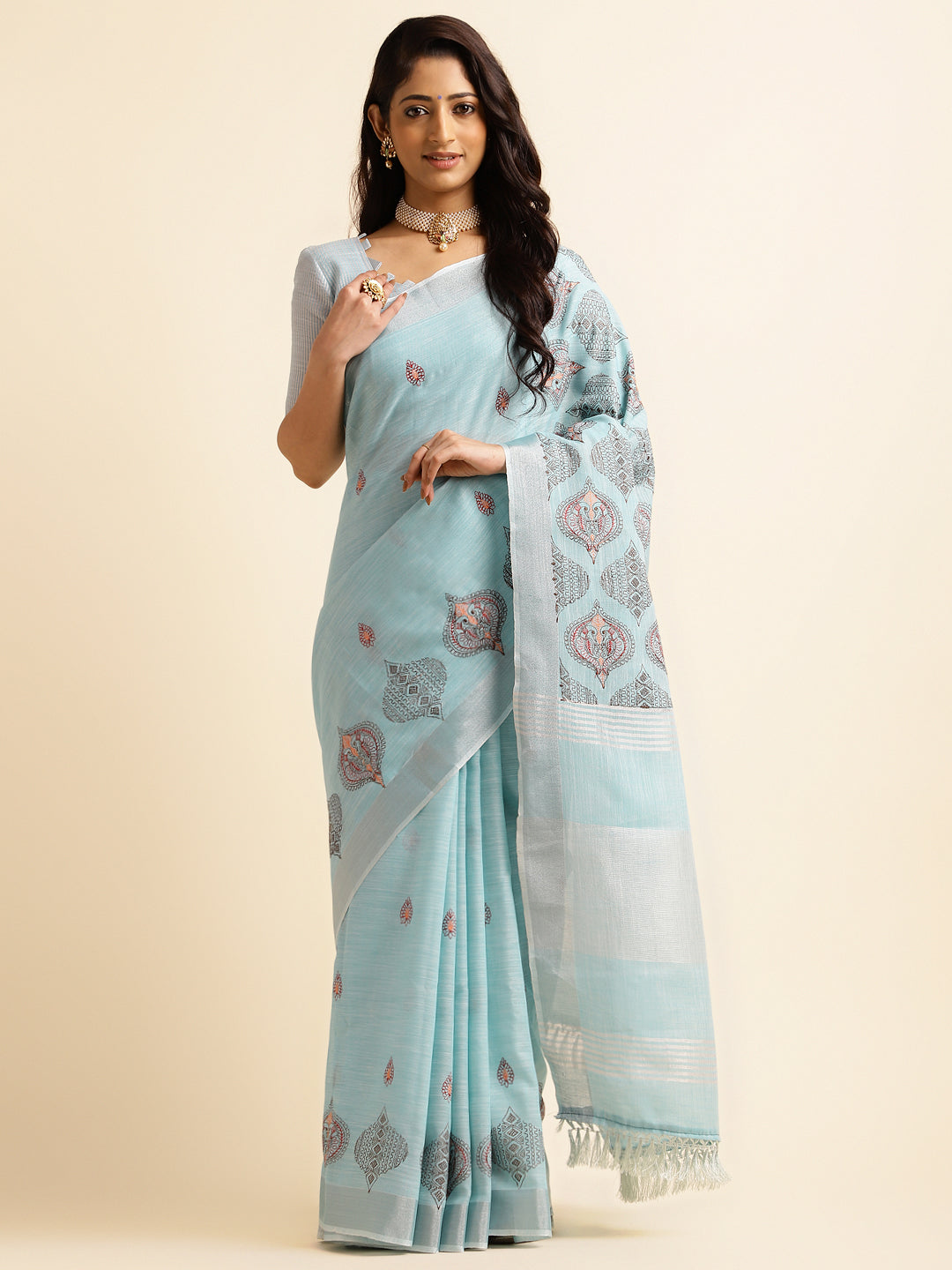 Light blue linen cotton saree with embroidery