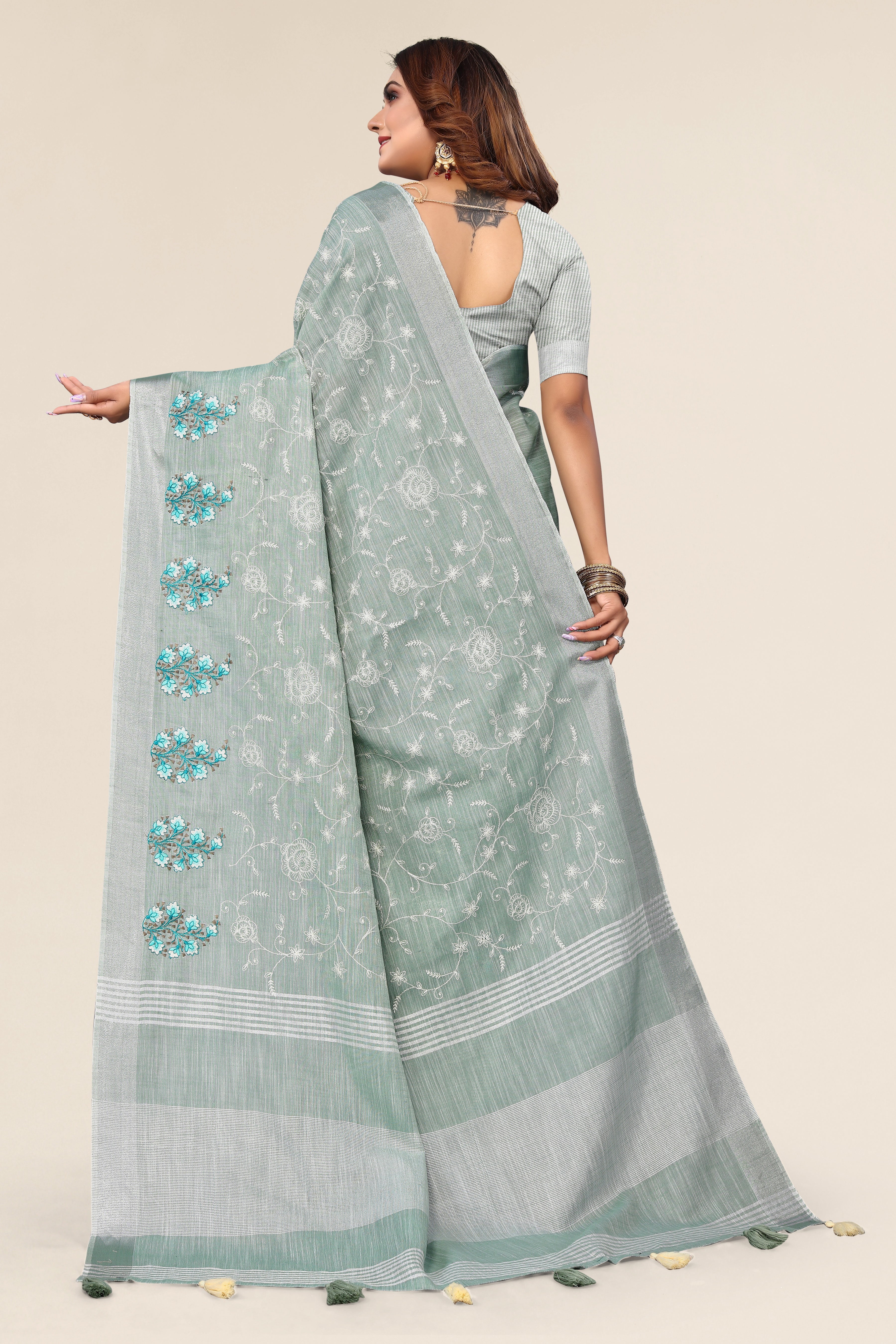 Lightweight Sea Green Saree With Embroidery Work