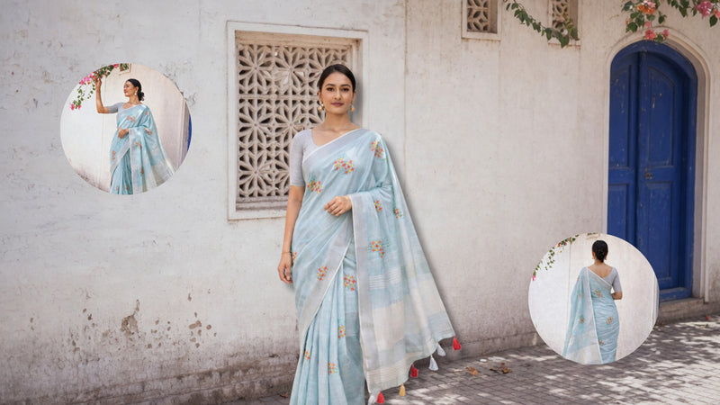 Simple Blue Linen Summer Saree