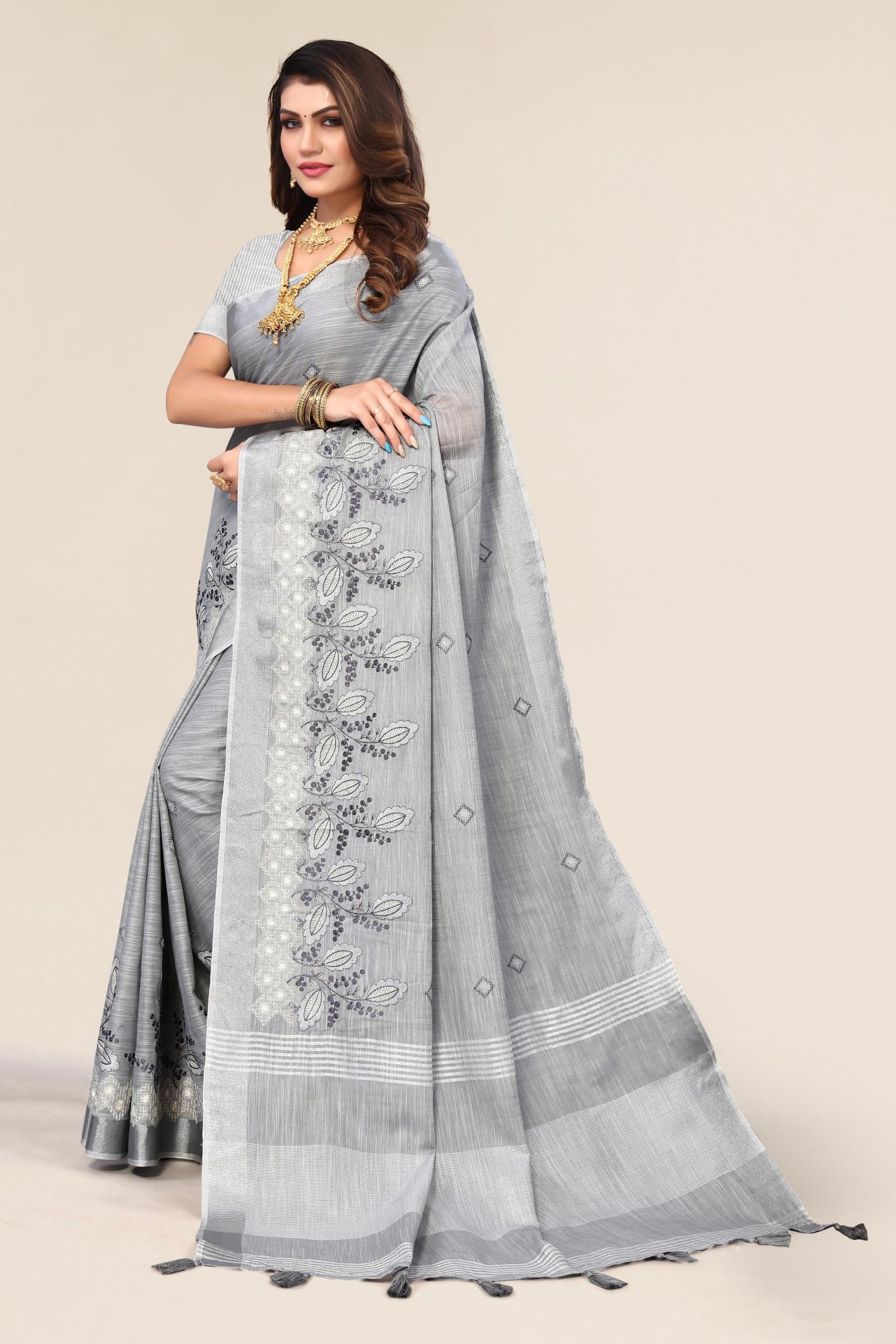 Linen cotton embroidered saree for sangeet