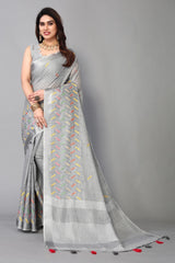 Grey linen cotton mirror work saree