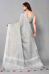 Grey linen cotton mirror work saree
