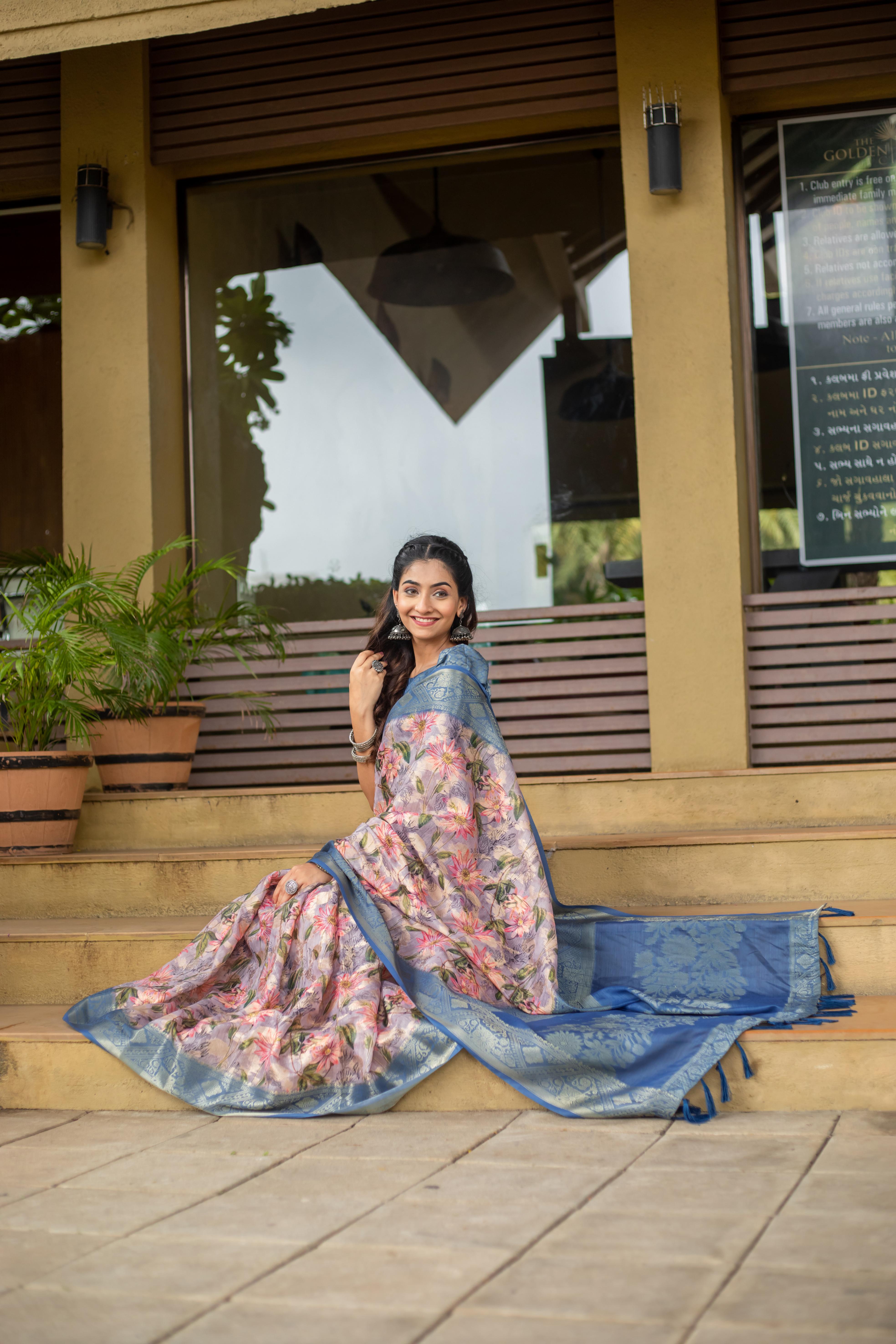 Off White Silk Blend Digital Print Woven Saree