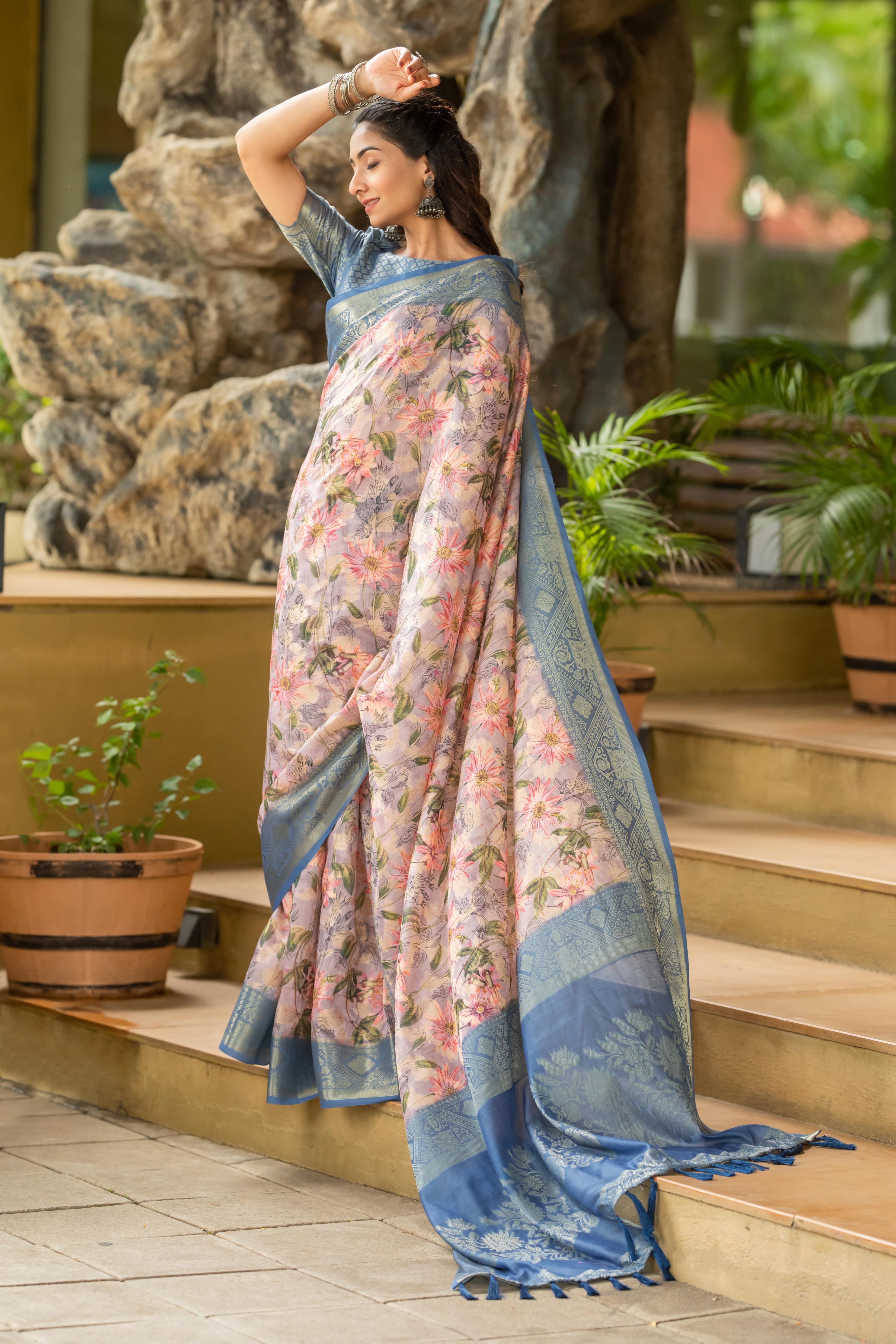 Off White Silk Blend Digital Print Woven Saree