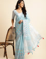 Blue linen cotton mirror work saree