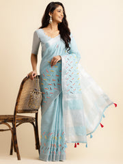 Blue linen cotton mirror work saree