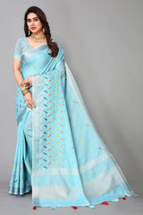 Blue linen cotton mirror work saree