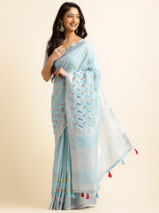 Blue linen cotton mirror work saree