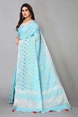 Blue linen cotton mirror work saree