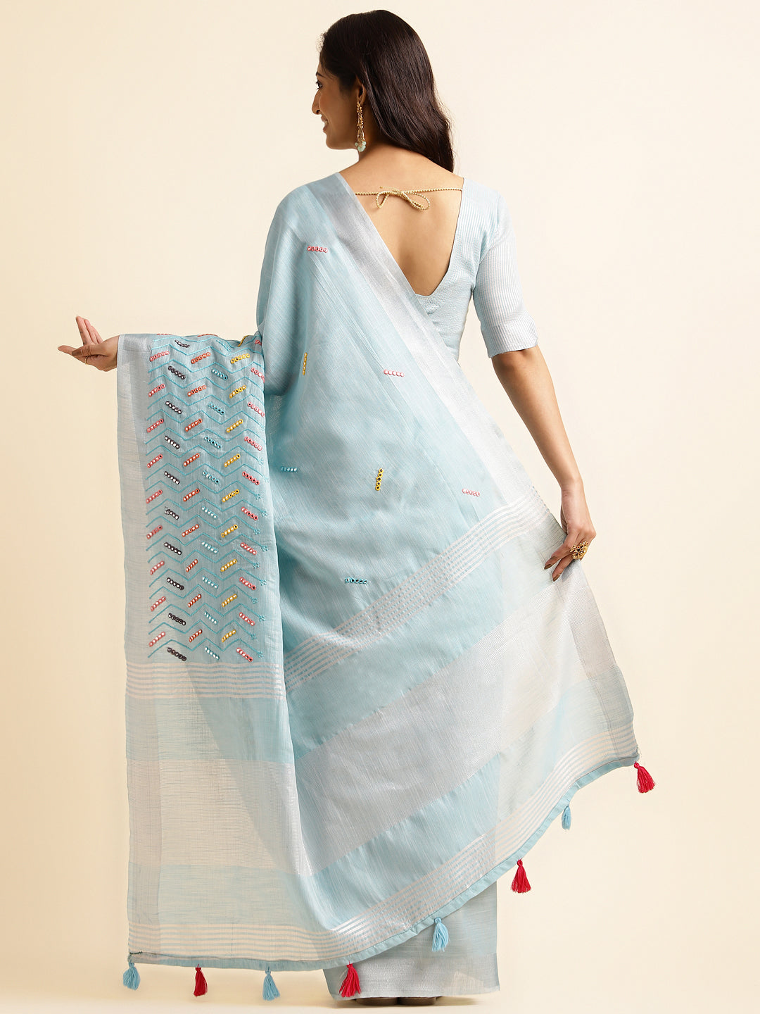 Blue linen cotton mirror work saree