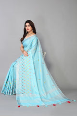 Blue linen cotton mirror work saree