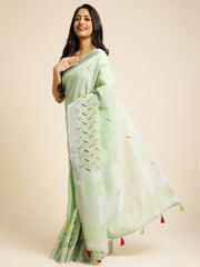 Green linen cotton mirror work saree