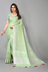Green linen cotton mirror work saree