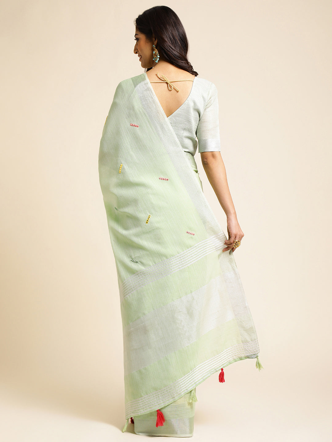 Green linen cotton mirror work saree