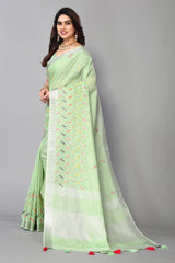Green linen cotton mirror work saree