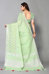 Green linen cotton mirror work saree