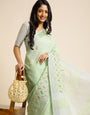 Green linen cotton mirror work saree