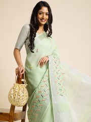 Green linen cotton mirror work saree