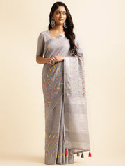 Grey linen cotton mirror work saree