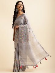 Grey linen cotton mirror work saree