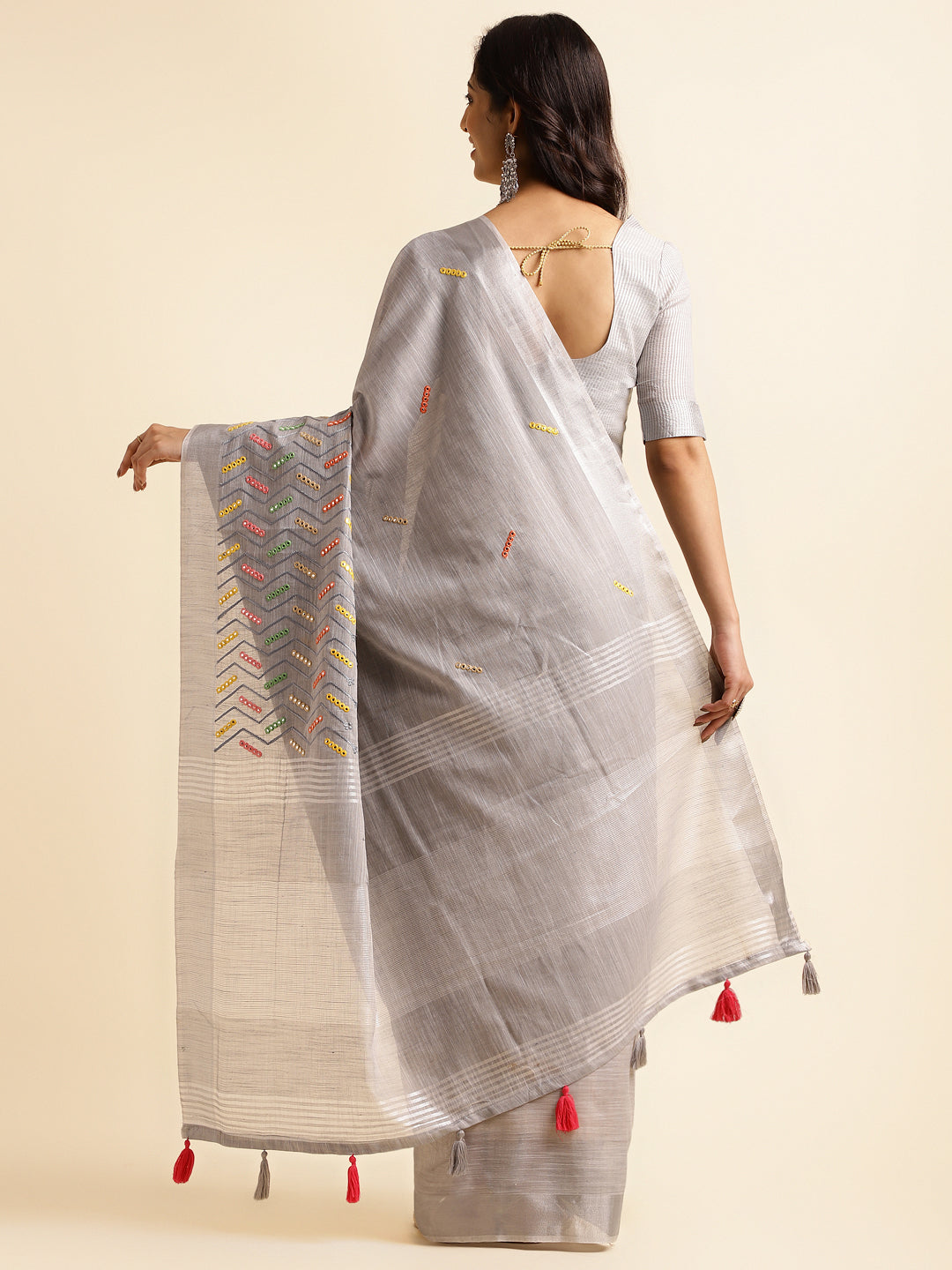 Grey linen cotton mirror work saree