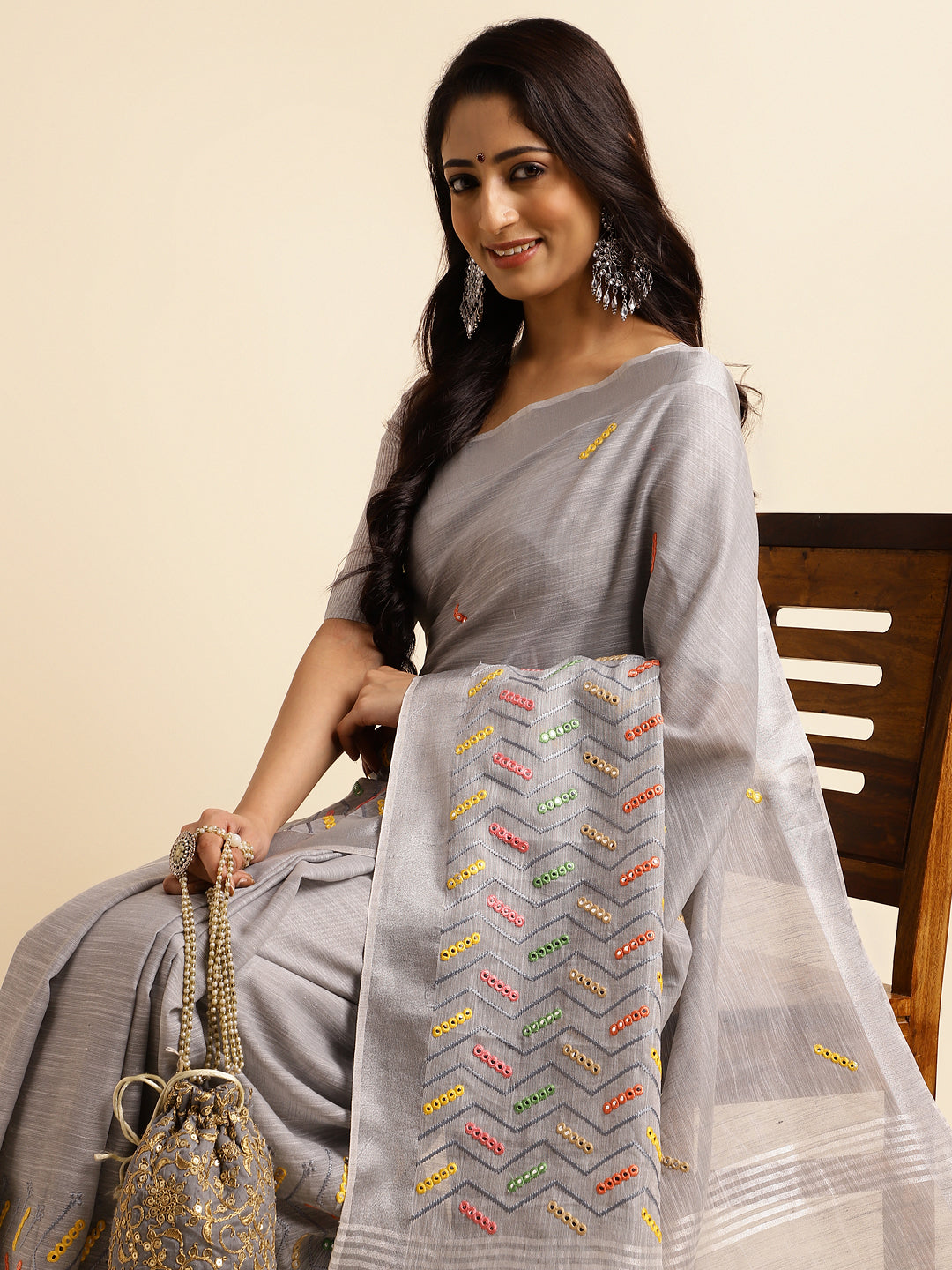 Grey linen cotton mirror work saree