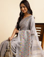 Grey linen cotton mirror work saree