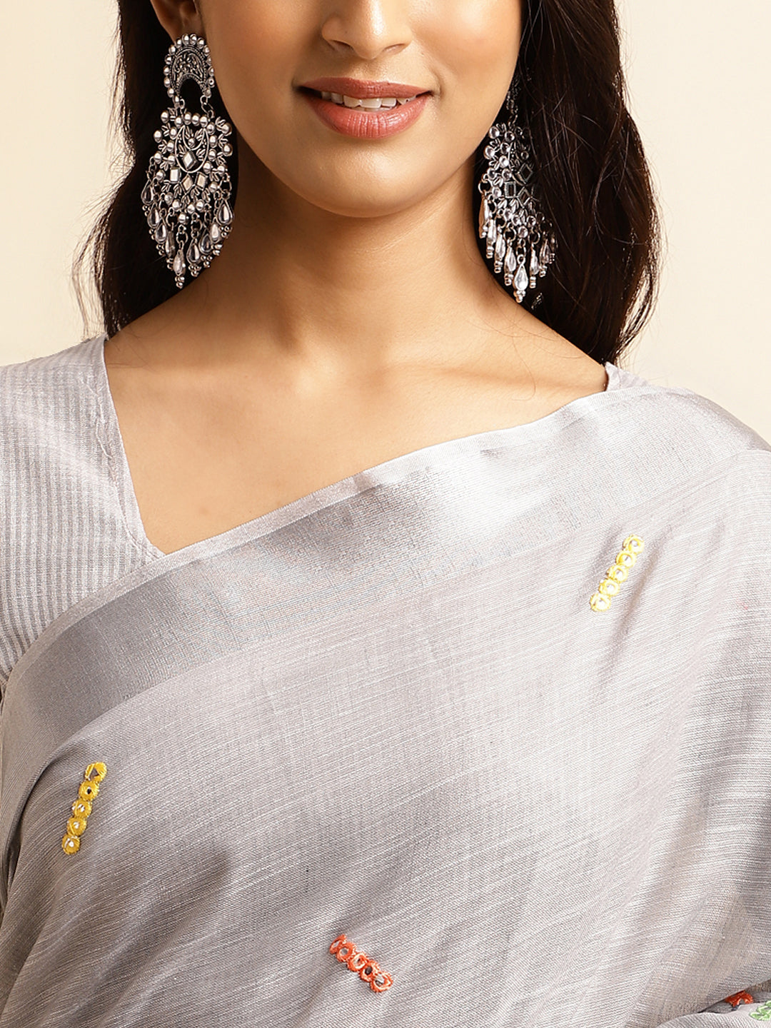 Grey linen cotton mirror work saree