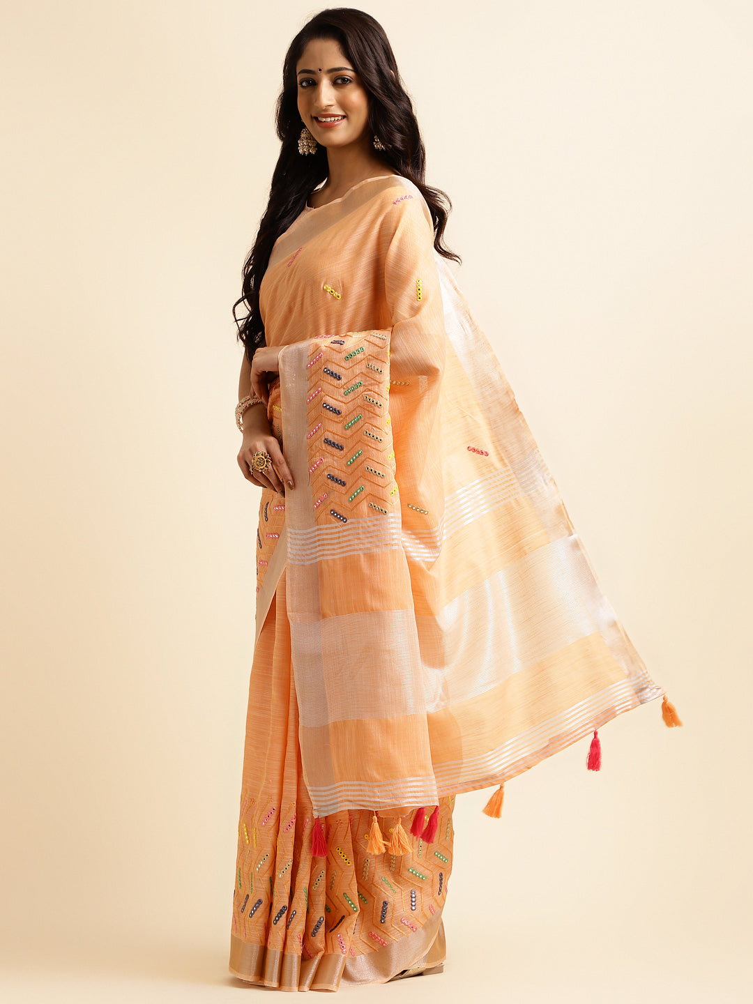 Orange linen cotton mirror work saree