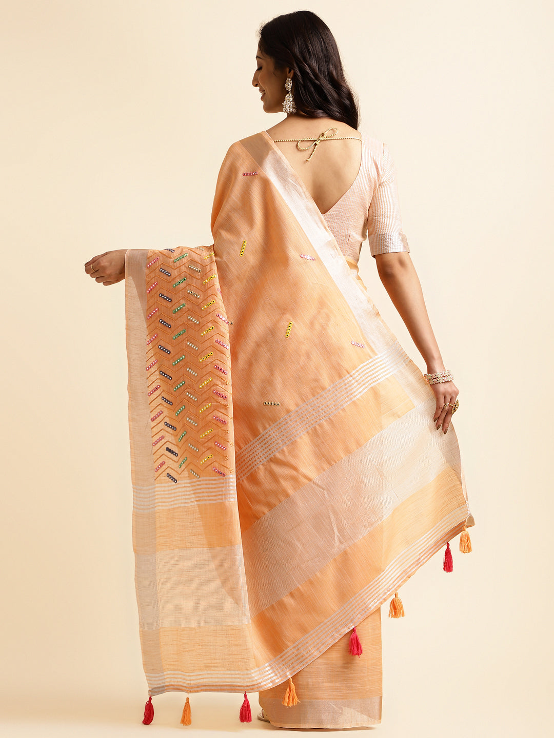 Orange linen cotton mirror work saree