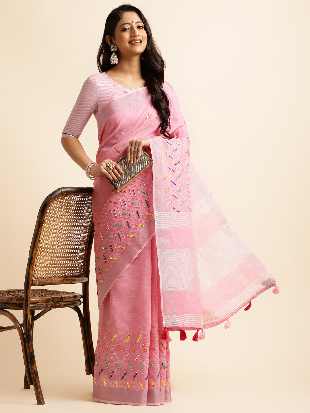 Pink linen cotton mirror work saree