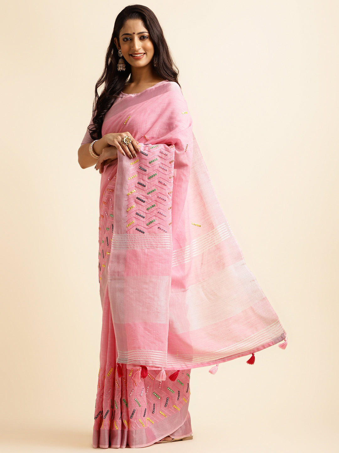 Pink linen cotton mirror work saree