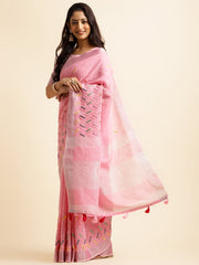 Pink linen cotton mirror work saree