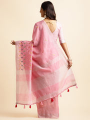 Pink linen cotton mirror work saree