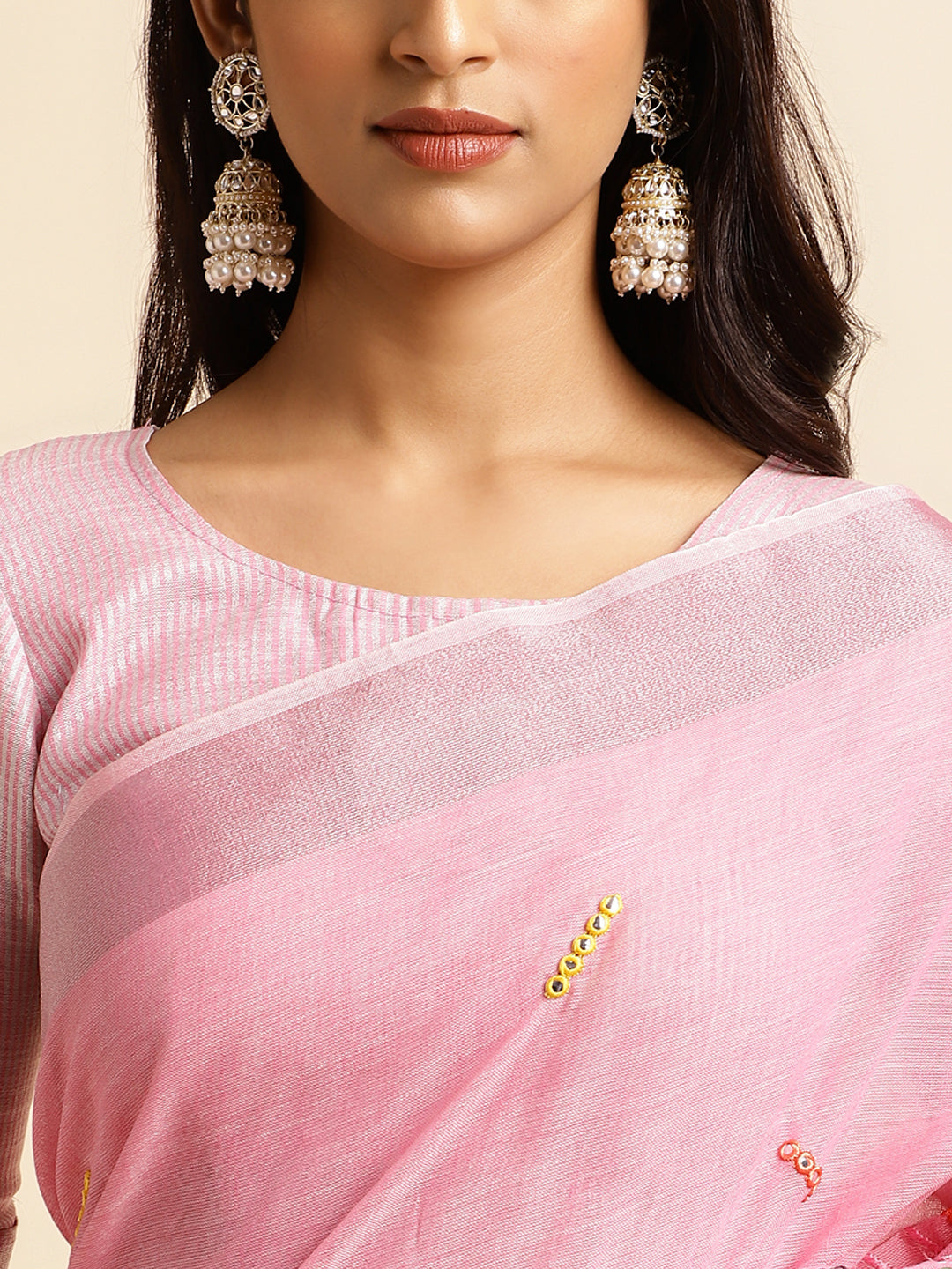 Pink linen cotton mirror work saree