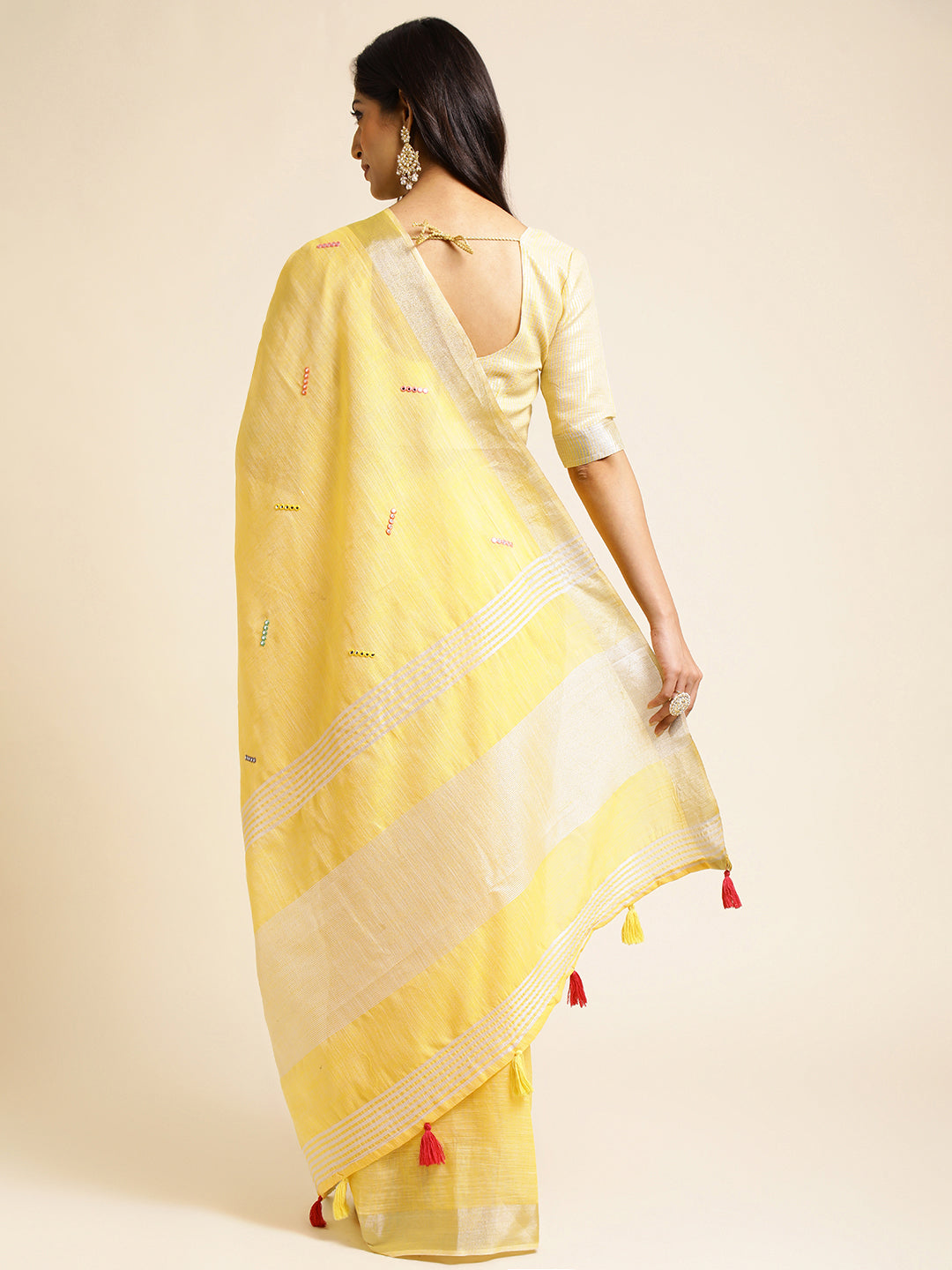 Yellow linen cotton mirror work saree