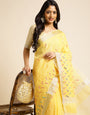 Yellow linen cotton mirror work saree