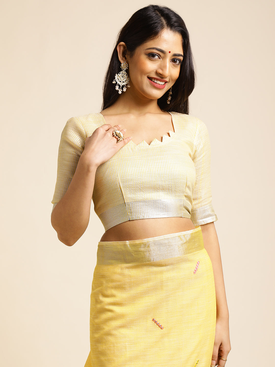 Yellow linen cotton mirror work saree