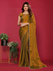 Mustard Satin Silk Handwork Saree