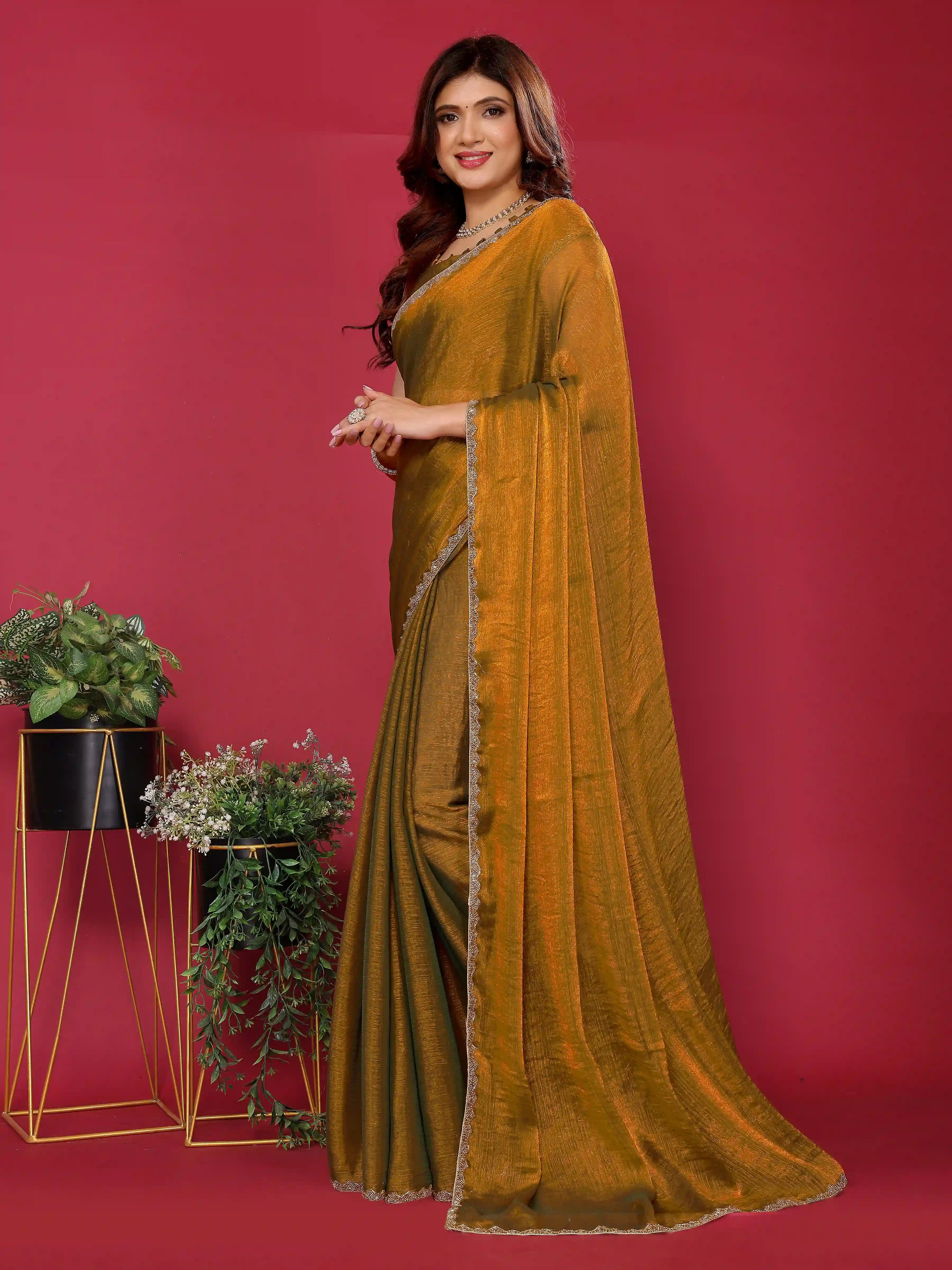 Mustard Satin Silk Handwork Saree