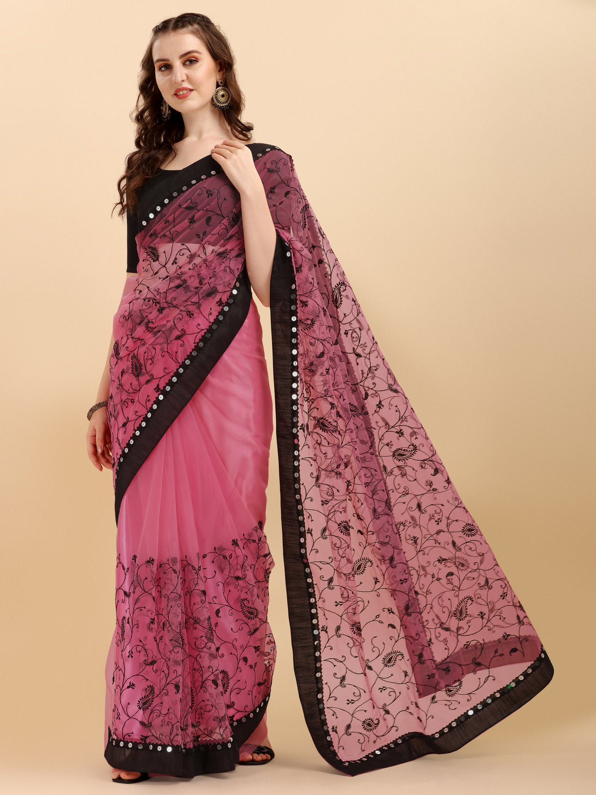 Baby pink Net Saree With Zari work