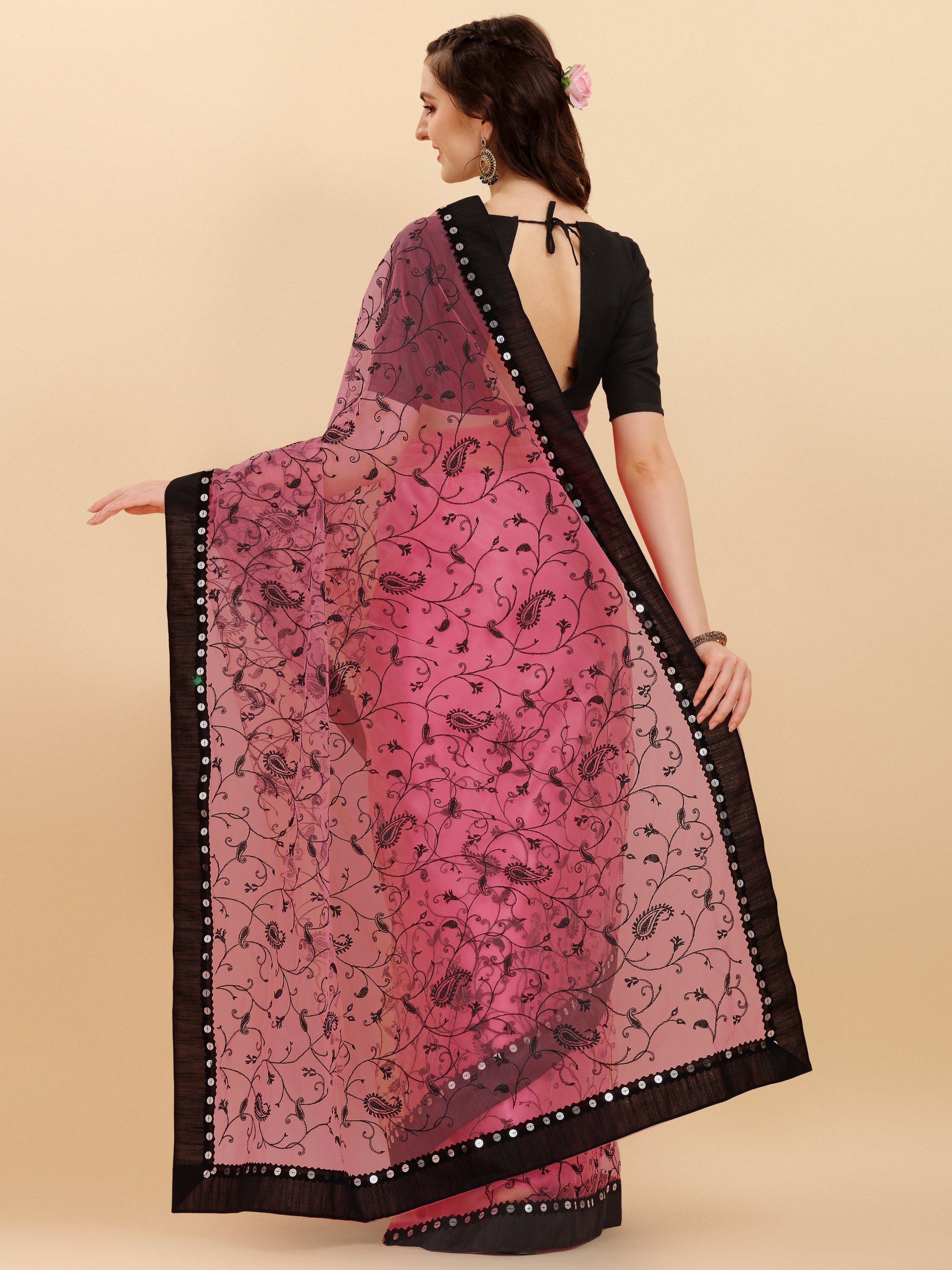 Baby pink Net Saree With Zari work