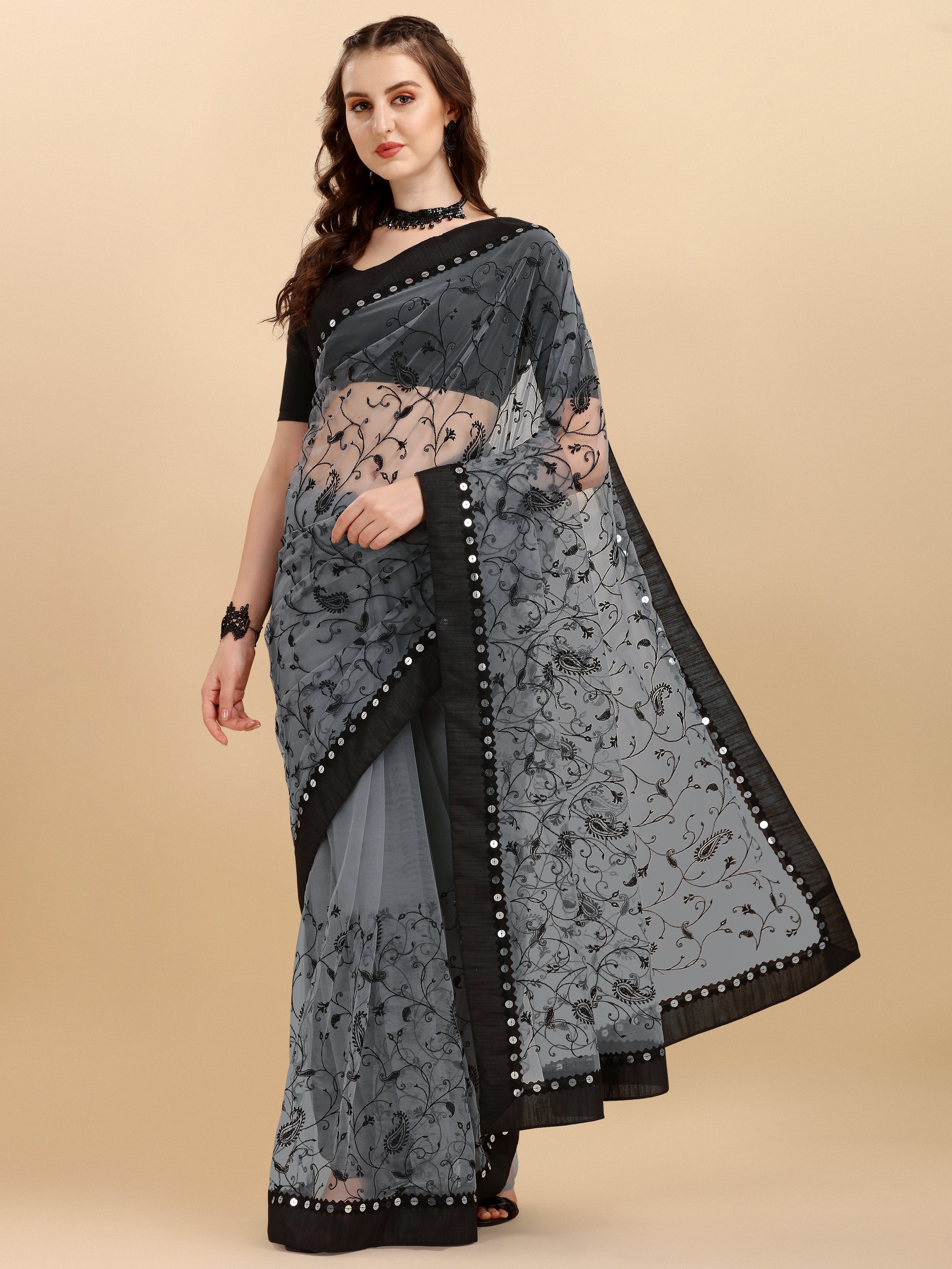 Grey Net Saree With Zari work