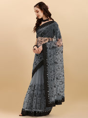 Grey Net Saree With Zari work