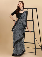 Grey Net Saree With Zari work