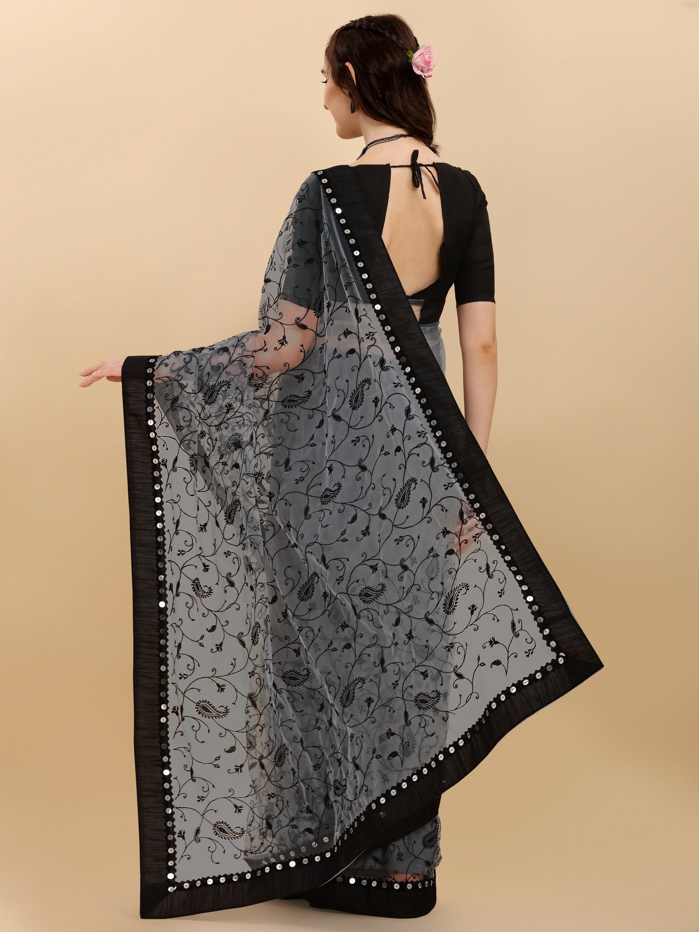 Grey Net Saree With Zari work