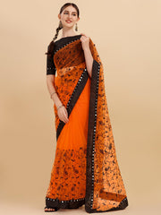 Orange Net saree With Zari Work